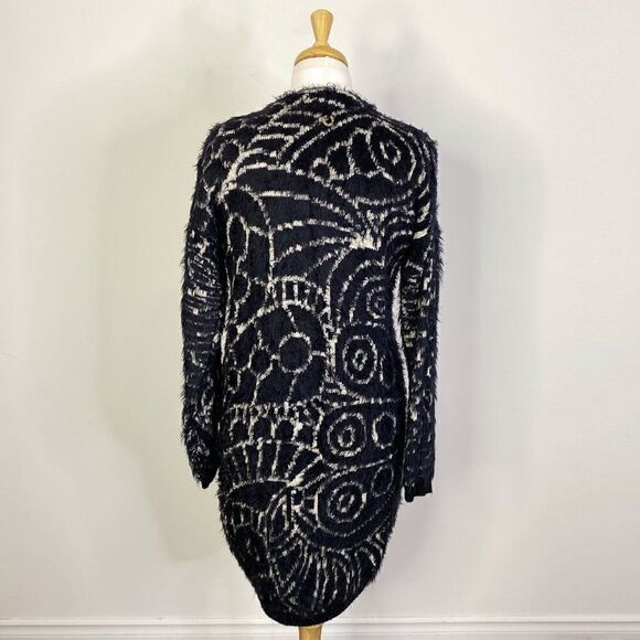 Save The Queen Black and White Longline Wool Blend Fuzzy Cardigan - Picture 2 of 7